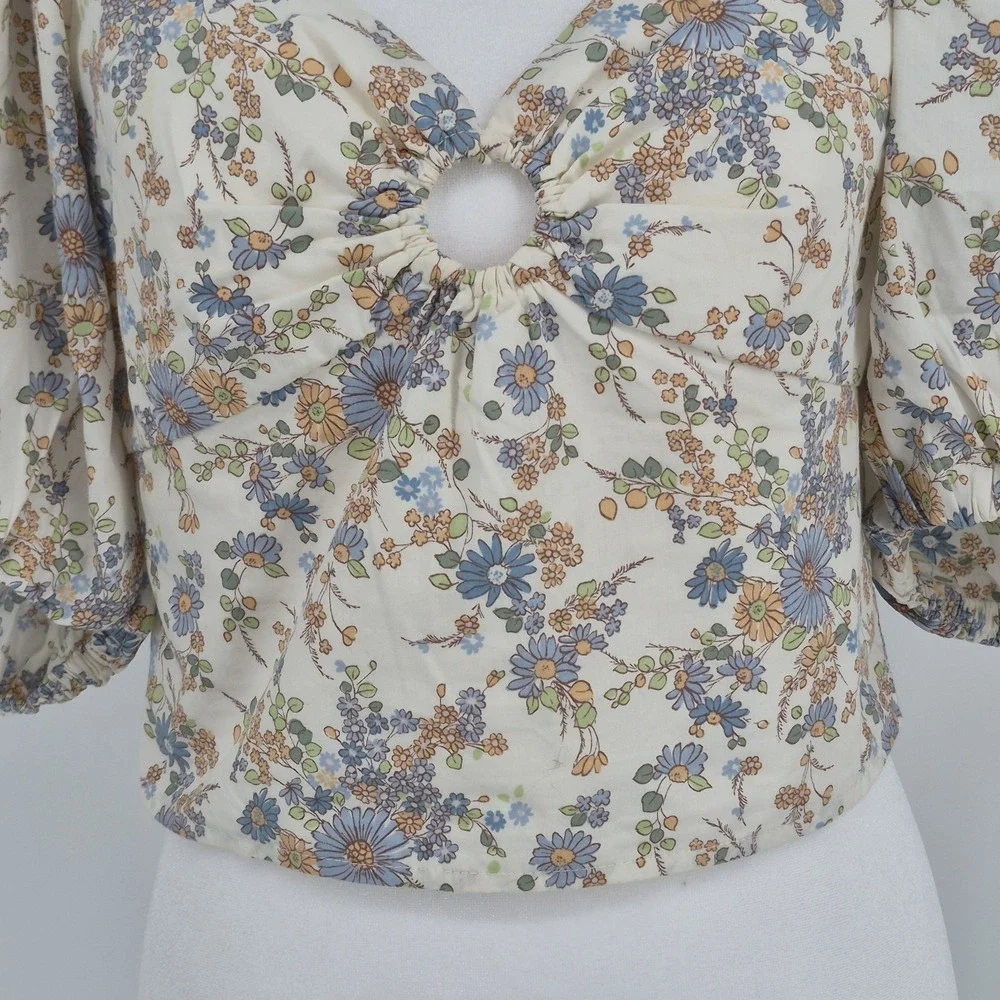 Abercrombie &‎ Fitch Floral Puff Sleeve Poplin O-Ring Crop Top Blouse Women's M
